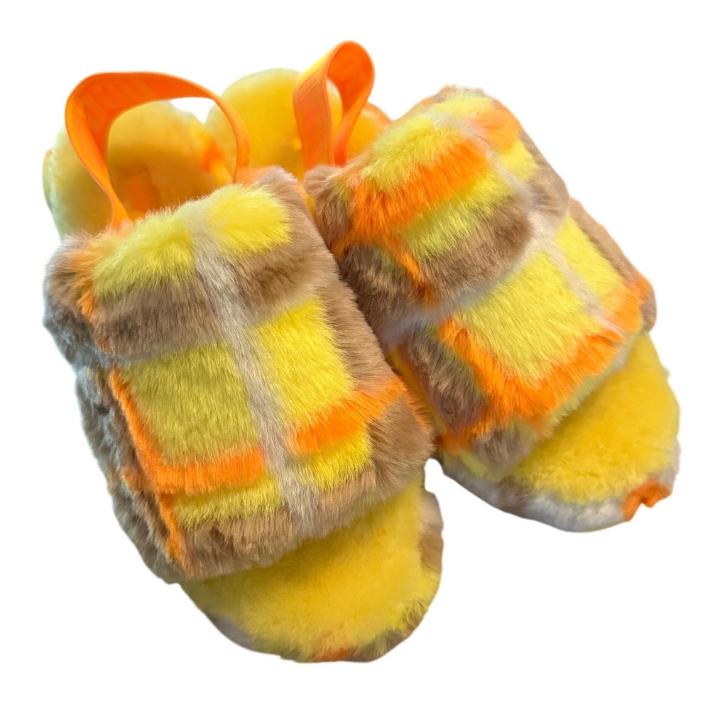 UGG Fluffita Yellow Orange Plaid Faux Fur Platform Slingback Slide 1130514 8